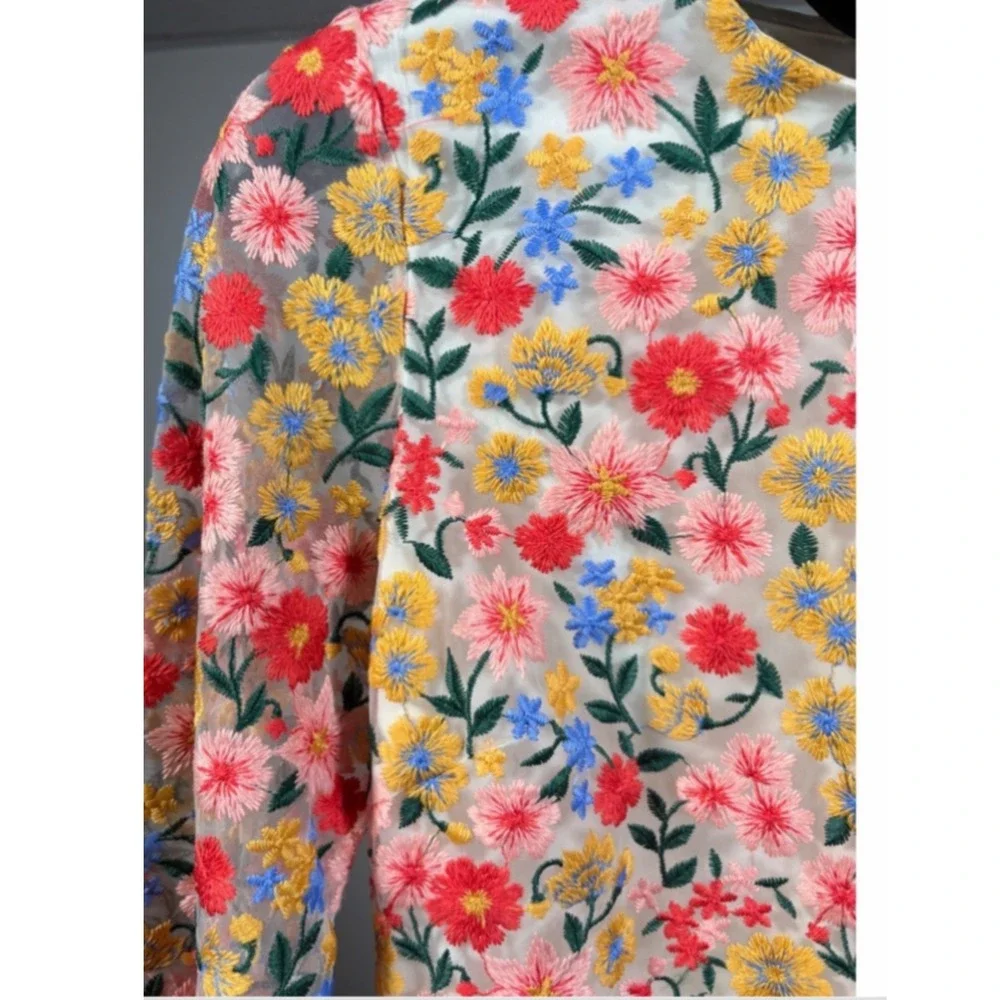 Antonio Melani Nat Note Floral Embroidered Mini Dress Sheer Sleeve Sz 6/S *